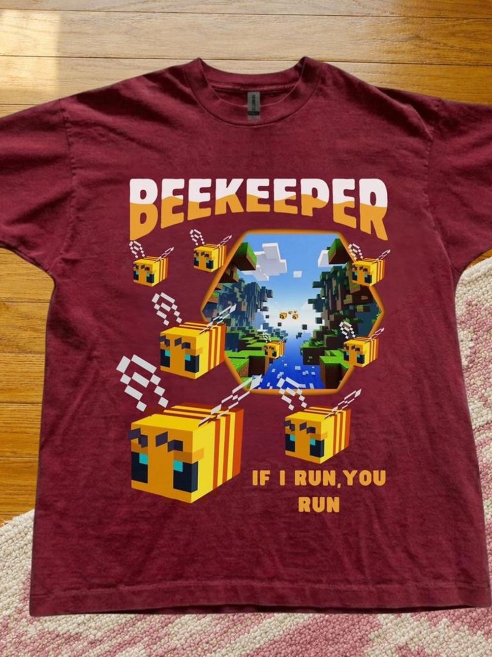 Gildan Burgundy Beekeeper Graphic Tee with Yellow Bee Art